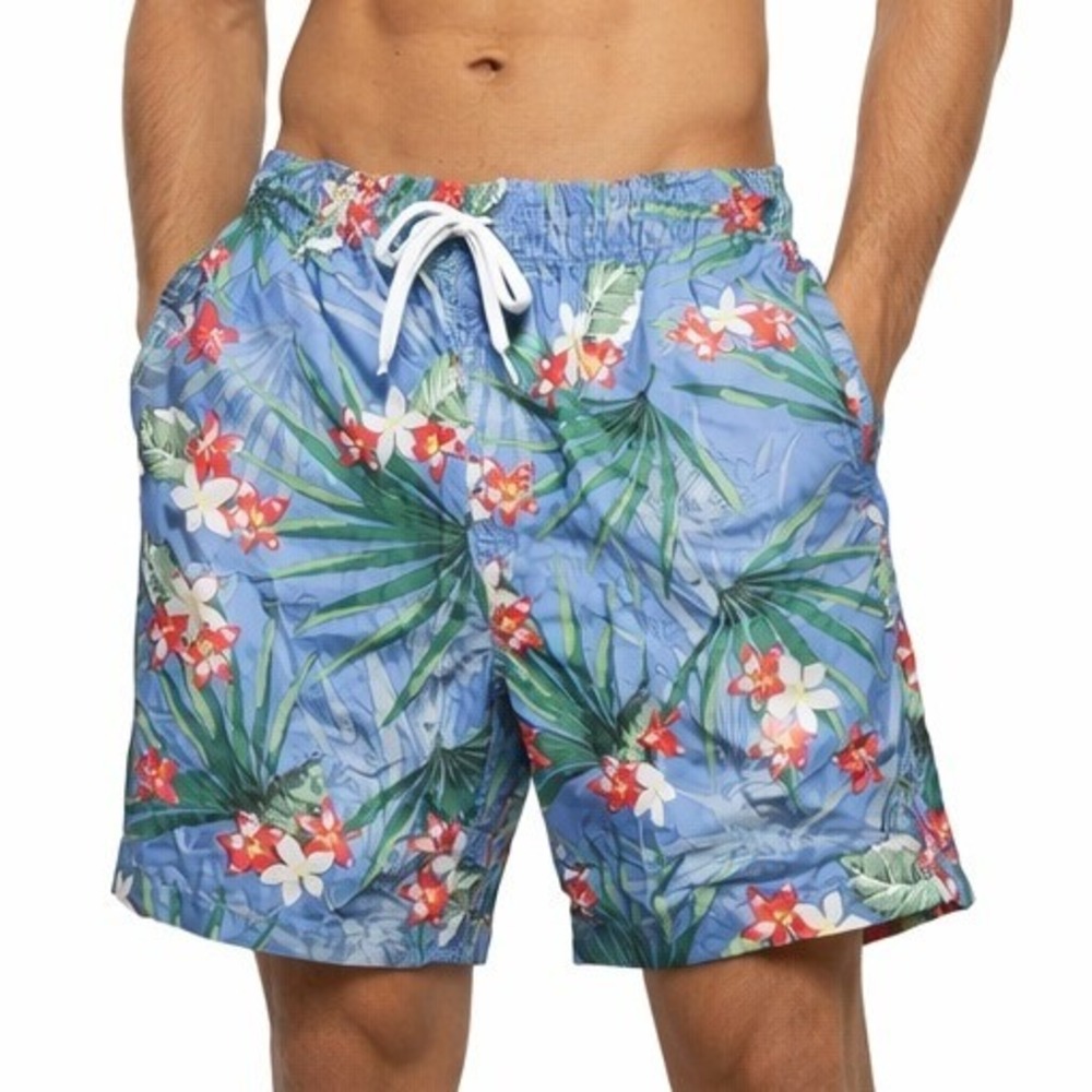 Islander Swim Trunks Mens Small Blue Floral Tropical Palm Print Mesh Lined New